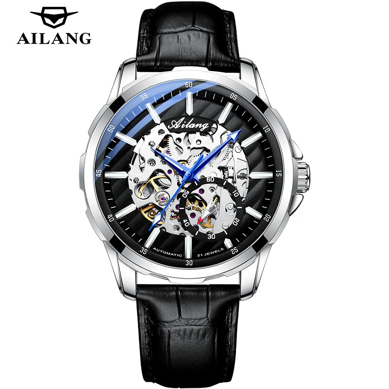 AILANG Luxury Brand Man Skeleton Automatic Mechanical Watch Leather Strap Casual Sport Men Watches Blue Needle Reloj Hombre