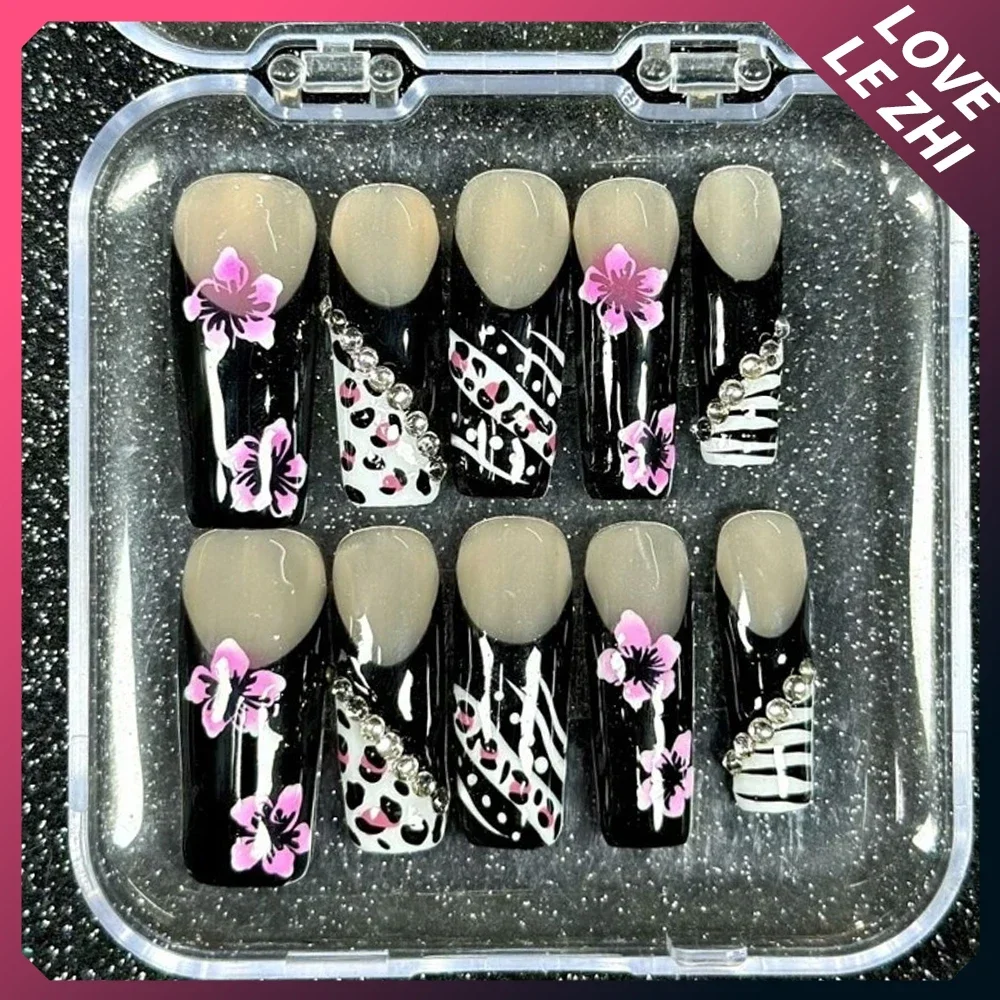 

10Pcs Kawaii Cartoon Long Coffin French Full Cover Nail Sweet Cool 3D Bow Five-Pointed Star Pure Handmade Fake Nails Gift