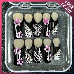 10Pcs Kawaii Cartoon Long Coffin French Full Cover Nail Sweet Cool 3D Bow Five-Pointed Star Pure Handmade Fake Nails Gift