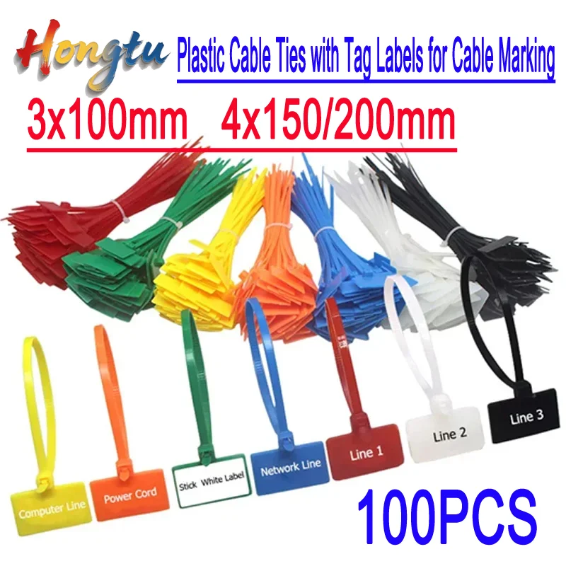 

Hongtu Self-Locking Nylon Zip Ties Assortment - 3x100mm, 4x150mm, 4x200mm | Plastic Cable Ties with Tag Labels for Cable Marking
