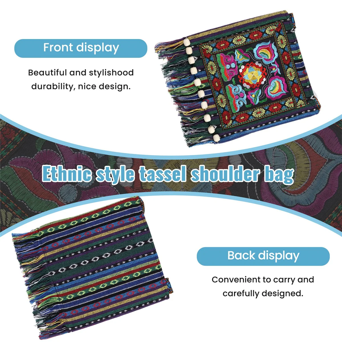 ABQR Hmong Vintage Chinese National Style Ethnic Shoulder Bag Embroidery Boho Hippie Tassel Tote Messenger