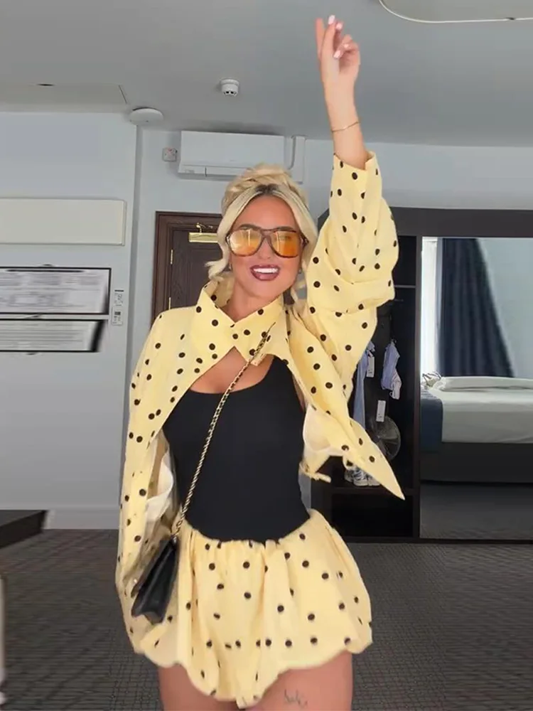 Elegant Polka Dot Women's 2 Piece Set High Neck Cutout Long Sleeve Jackets Mini Short Pants Female 2026 Summer New Woman Outfits