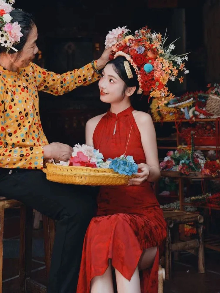 Vermelho chinês sle manhã robe casamento dr scela qipao dr para noiva cerimônia de beber casamento verão novo chinês sle