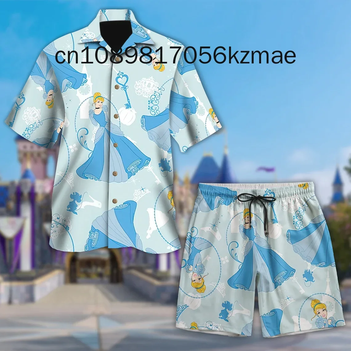 2024 Disney Princess Men Women Hawaiian Shirt Set of 2 Vintage Button Up Shirt Board Shorts Casual Set