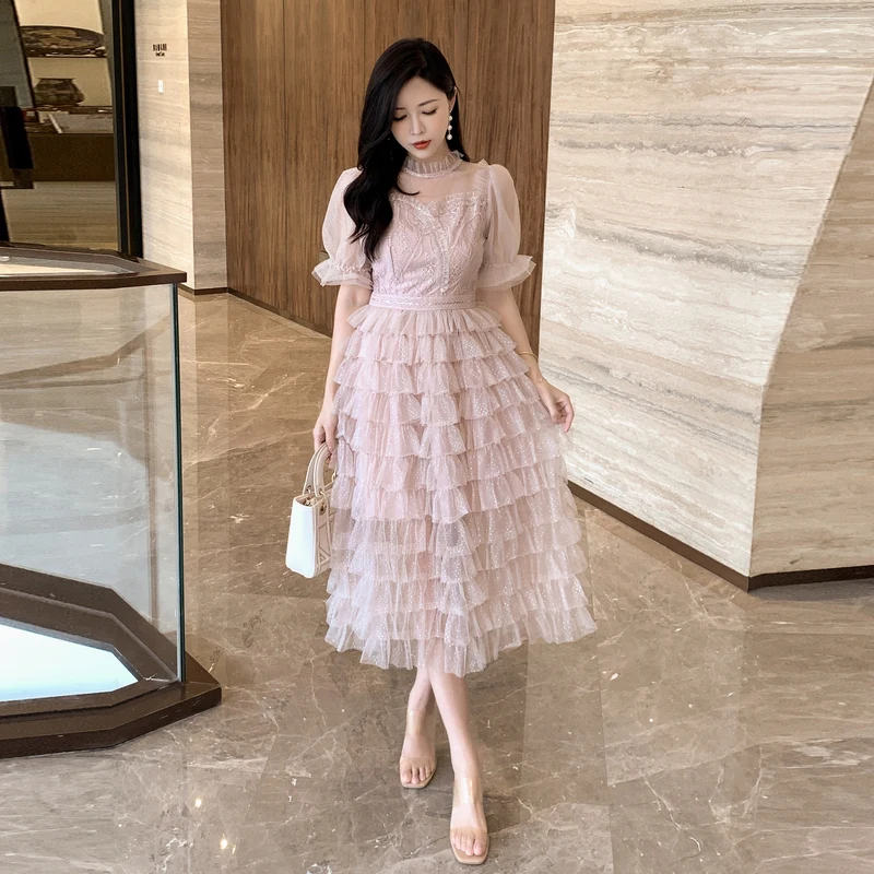 High Quality Luxury French Midi Pink Mesh Embroidery Dress Women Elegant Party Bubble Short Sleeve High Waist Puffy Cake Dress