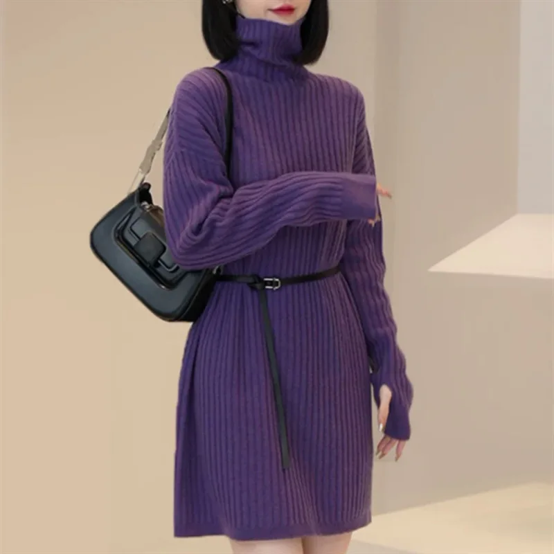 High Neck Sweater Dress, Women's Autumn and Winter New Style, Lazy Style, Long Style, Waist Belt, Knitted Bottom Skirt