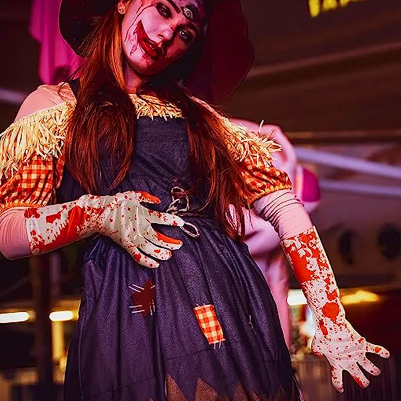 Halloween Y2K Bloody Print Costume Set Long Gloves+Over‑Knee Socks Horror Cosplay Accessory Match Dress for Theme Party Skirt