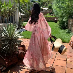 Spring Autumn Floral Deep V-Neck Maxi Chiffon Dress 2023 French Fashion Vacation Luxury Dress Women Elegant Party Night Dress