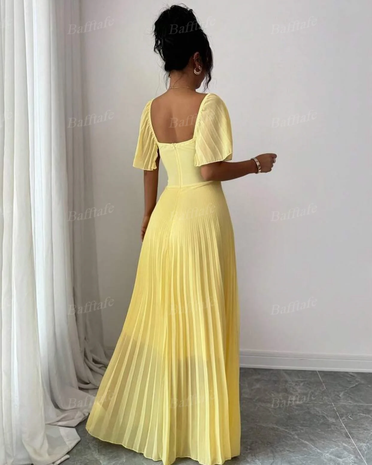 Bafftafe Yellow Crumpled Chiffon Evening Dresses Customized Square Short Cap Sleeves Women's Formal Party Red Carpet Prom Gowns 2