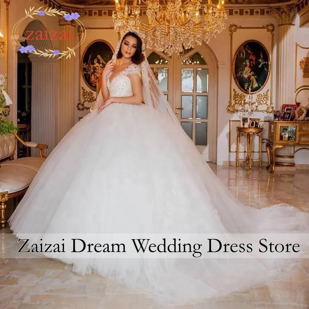 Customized Princess Ball Gown Wedding Dresses Scoop Cap Sleeves Lace Applique Beaded Pearl Wedding Dress Amanda Novias Official