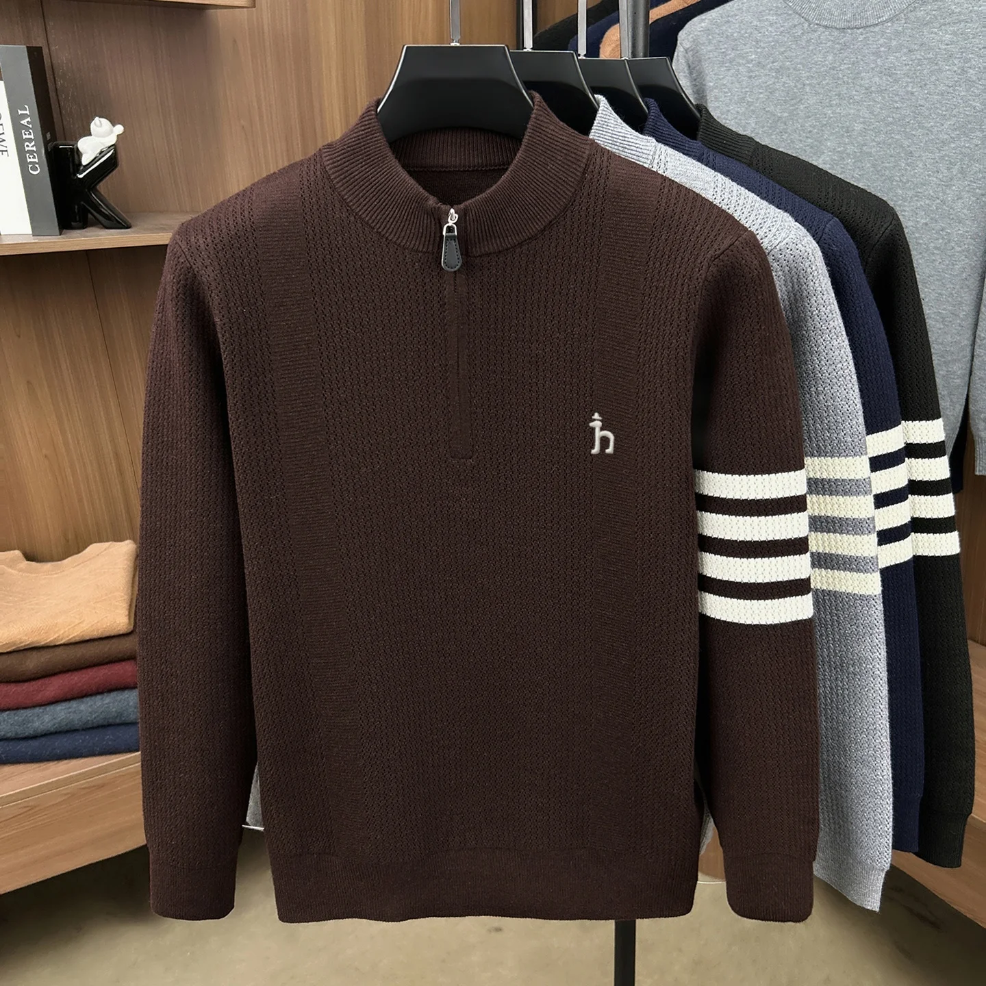Hochwertiger Herrenpullover mit halbem Reißverschluss am Kragen, modisches Jacquard-Design, luxuriöse Marke, mit Hunde-Stickerei, lässiger Winterpullover, dick und warm gestrickt. – Detail 12