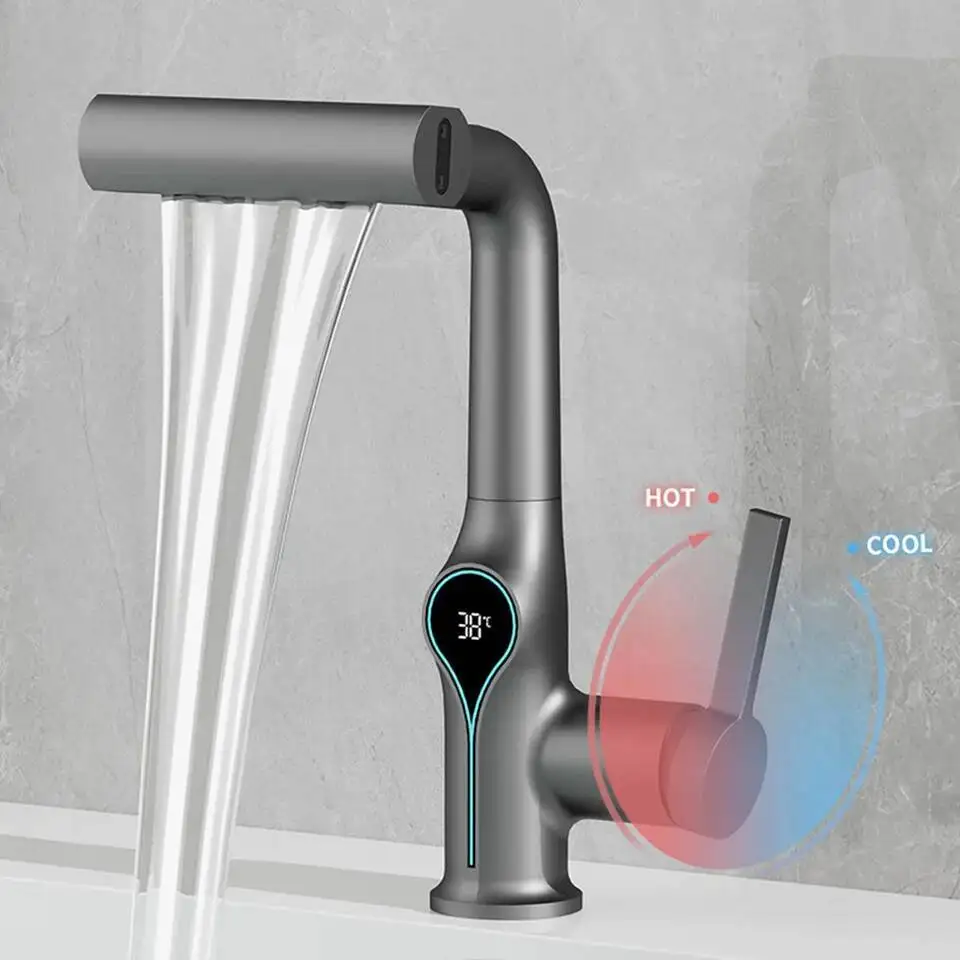 多機能滝状洗面器 4モード混合栓 引き出し式ノズル 浴室＆キッチン スマートディスプレイ付きシンク蛇口