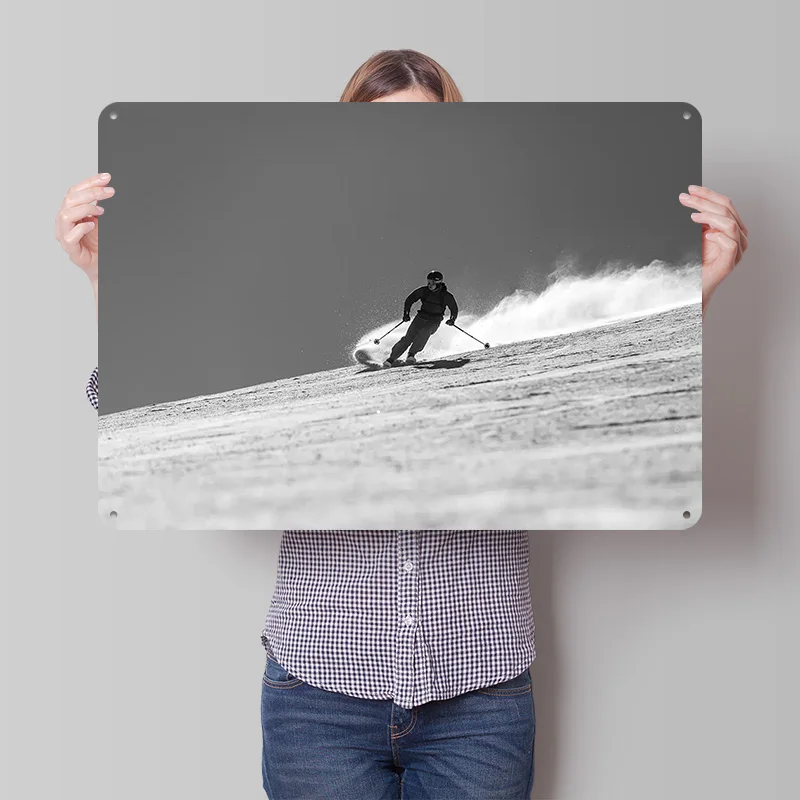 Skier Carving Through Powder 3D Printed Texture Poster Personalized Wall Art Retro Metal Tin Signs for Bar Accessories Wand Deko