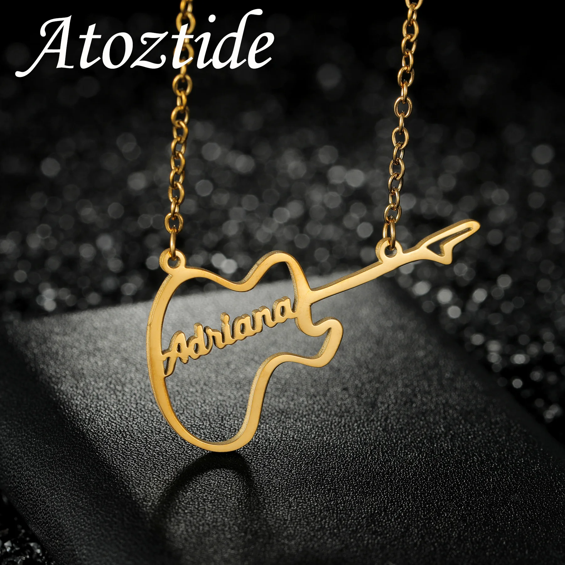 Atoztide Custom Name Necklace for Women Stainless Steel Jewelry Music Guitar Nameplate Choker Chain Personalized Birthday Gift