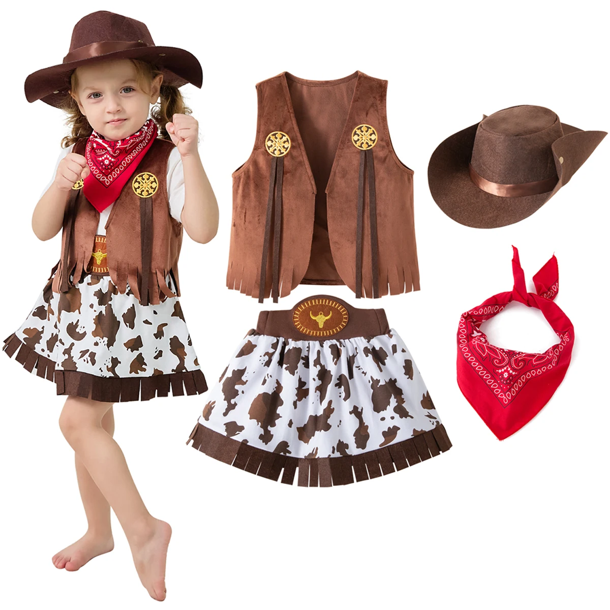 Disfraz de vaquero para niñas Purim Halloween niño pequeño vaquera Cosplay chaleco falda fiesta vestido elegante carnaval ropa de cumpleaños