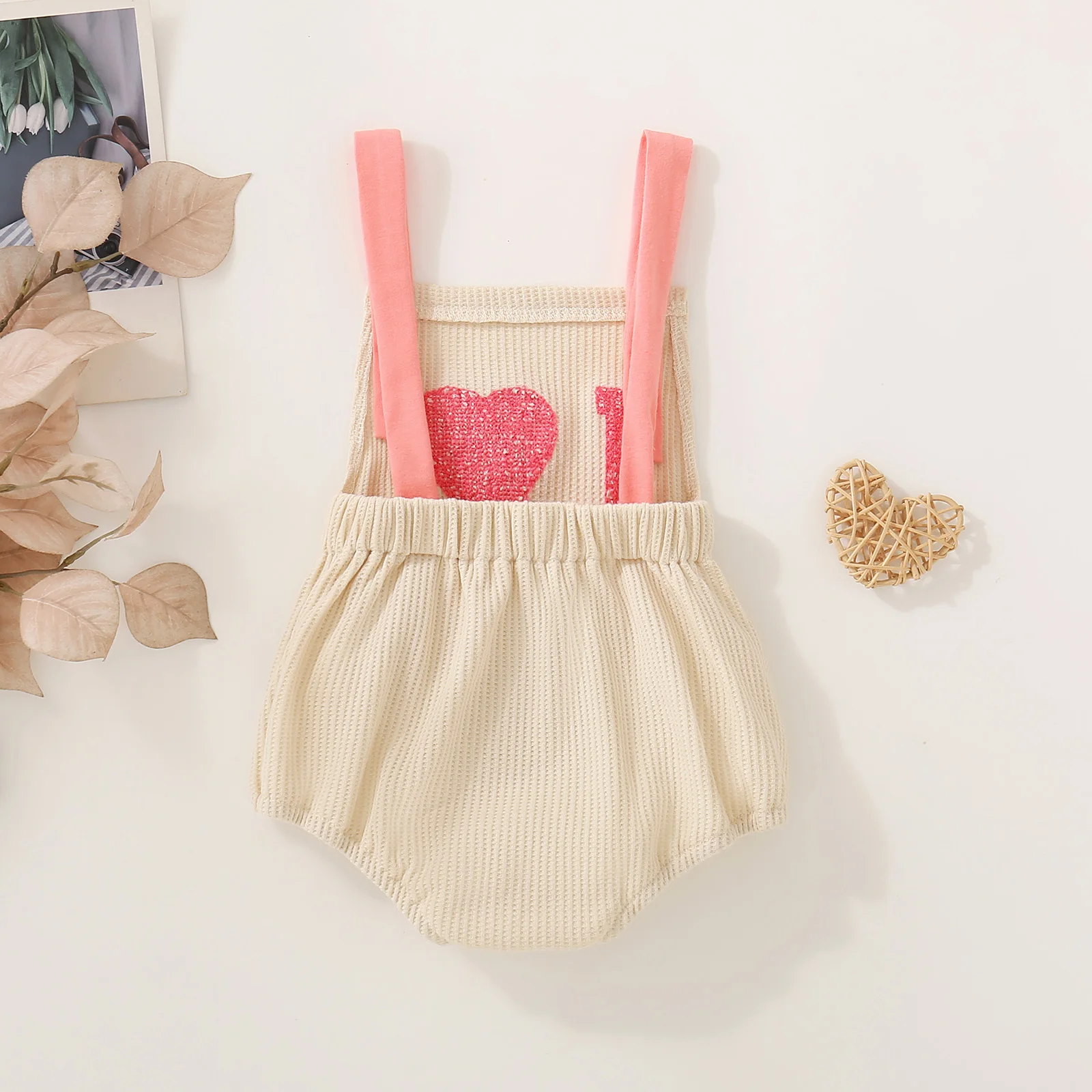 Summer female baby apricot I love mom embroidered straps triangle Romper sweet and cute
