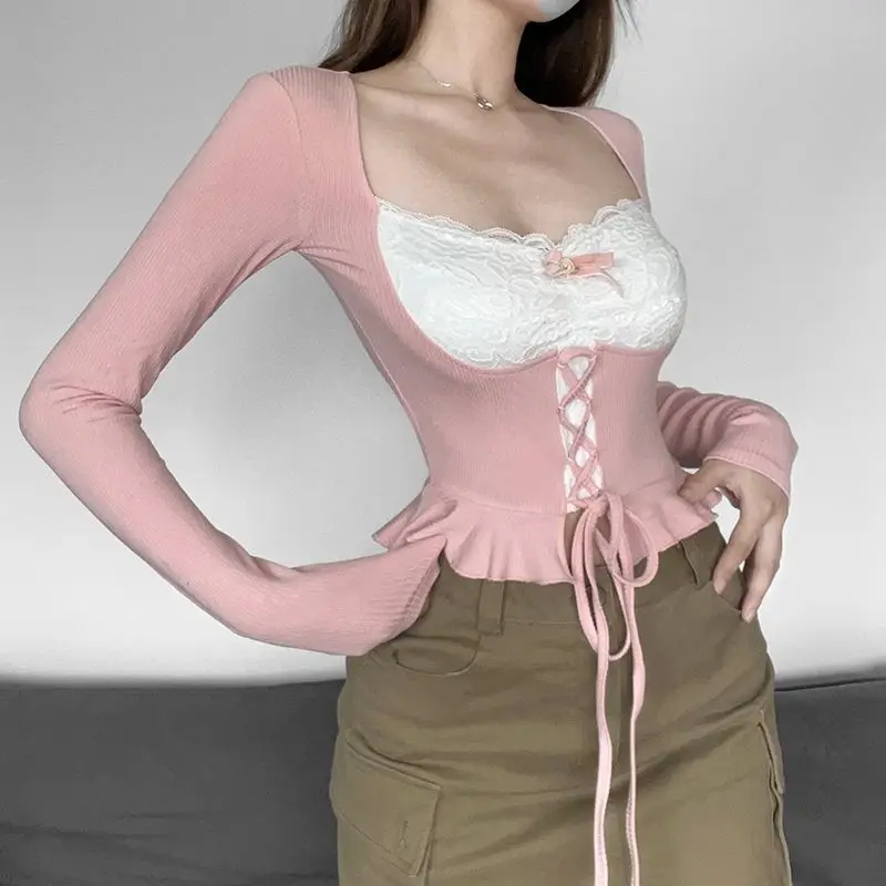 Lucyever Pink Lace Patchwork Long Sleeve T-Shirt Women Sexy Slim Fit Lace-Up Low-Cut T-Shirts Waist-Tight Ruffles Blouse Female