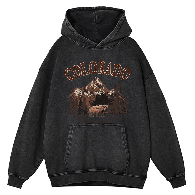 

Colorado Cartoon Printing Distressed Cotton Hoodies Men'S Warm Crewneck Washed Retro Hoody Autumn Simple Versatile Pullover