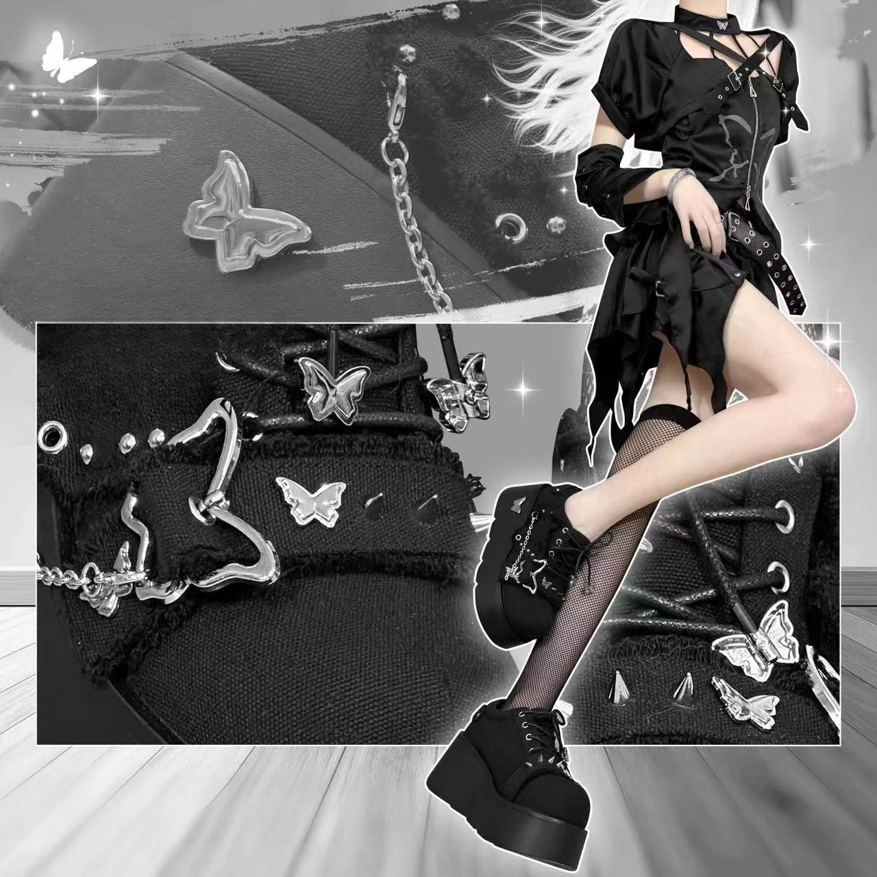 Sweet Cool High Heels Lolita Shoes Hot Girl Women's Punk Y2K Round Toe Canvas Platform Metal Decorate Chunky Heels Pumps