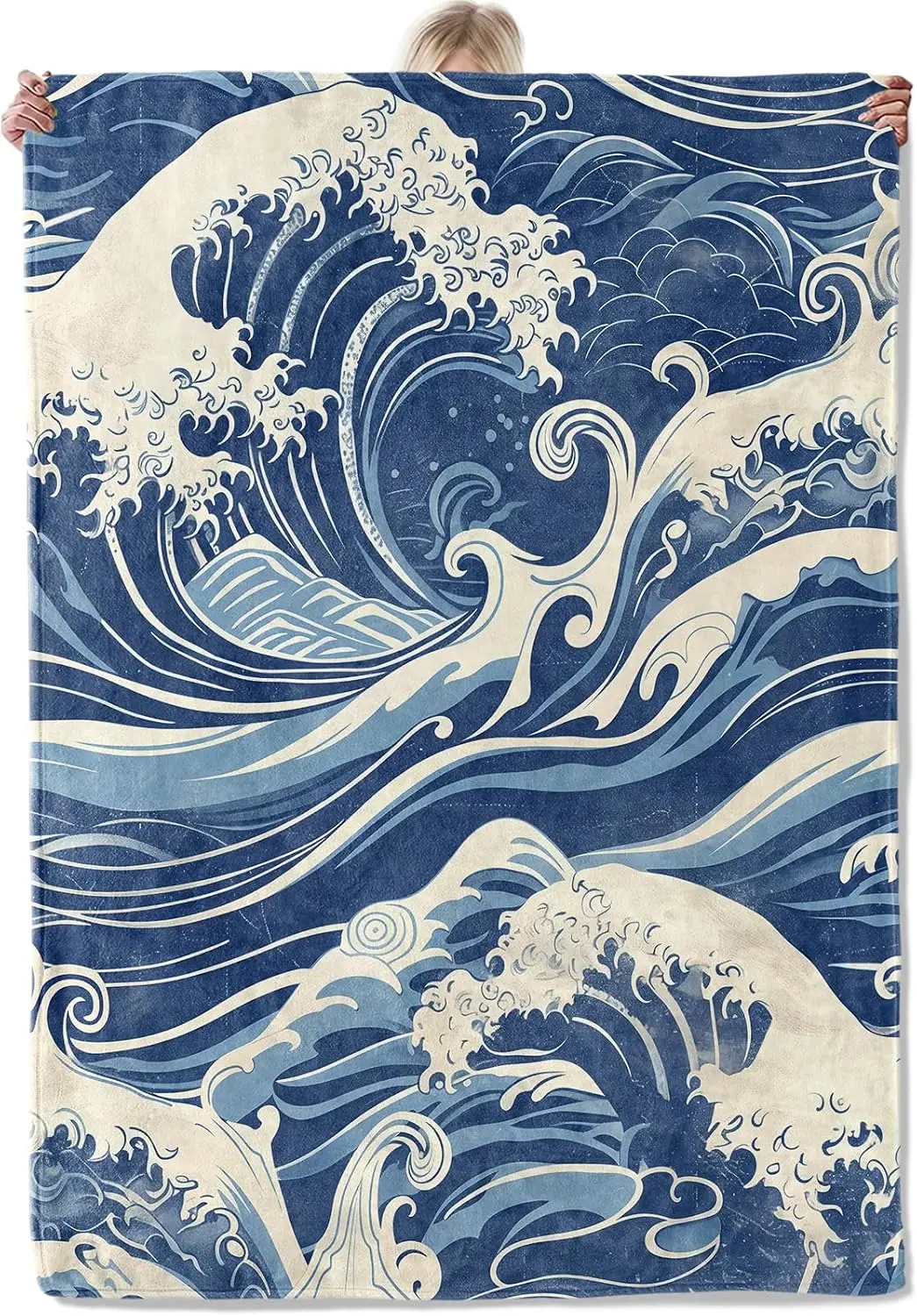 Vintage Blue White Ukiyo-e Ocean Wave Retro Pattern Flannel Blanket for Bedroom Sofa Camping Indoor Daily Warm Home Decoration