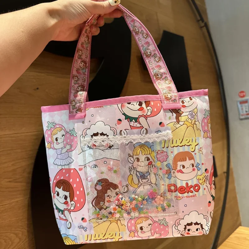 Cute cartoon Fuji milk girl PVC transparent printed quicksand tote bag Mommy bag going out light handbag