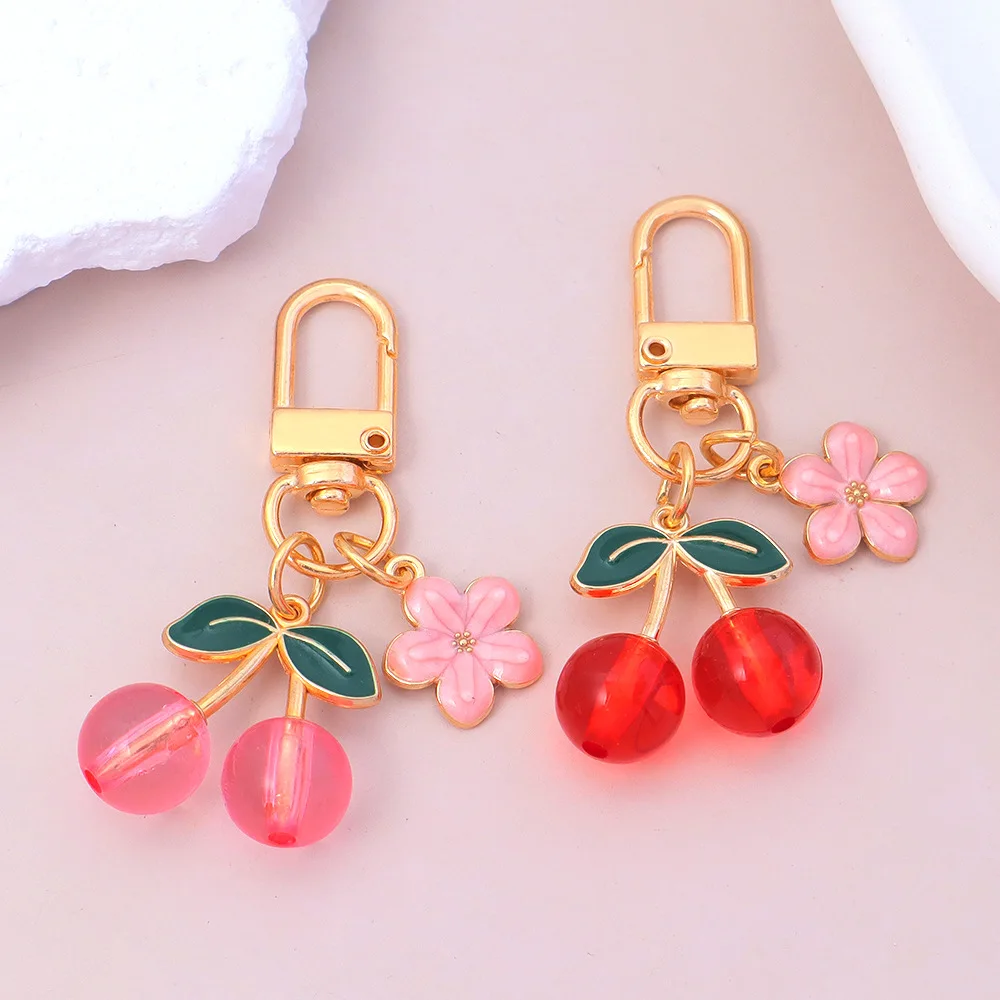 Red Cherry Keychain Bag Charm Fruit Pendant Alloy Jewelry Accessories Small Fresh Blossom Flower Key Chain Gift