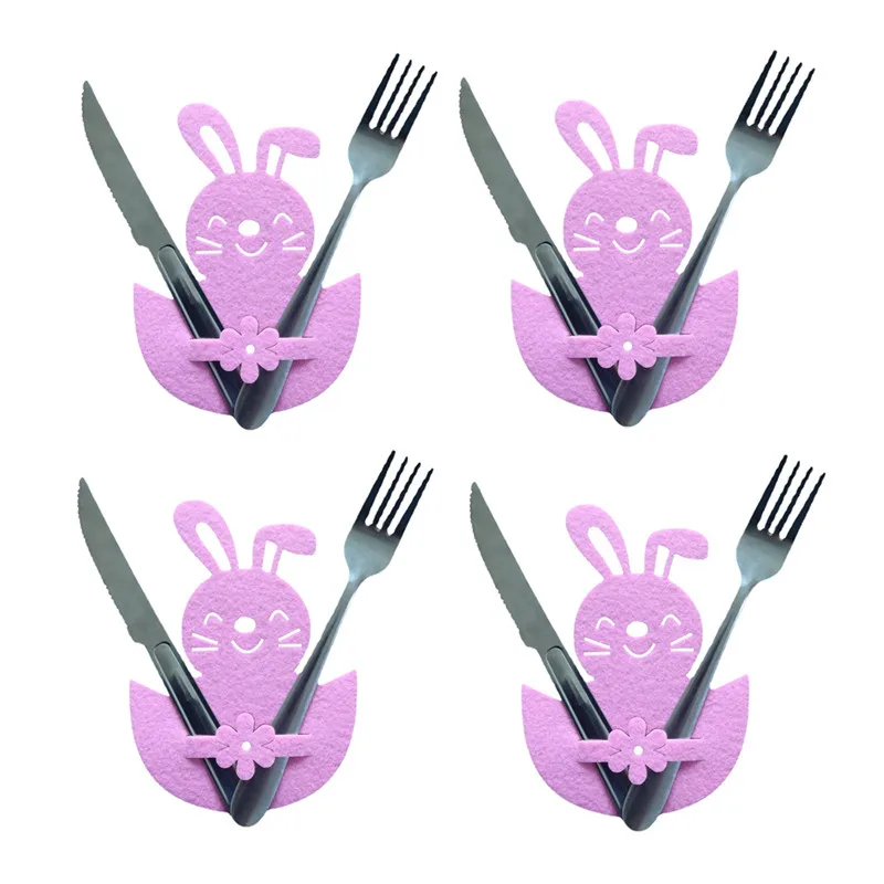 4Pcs Easter Bunny Felt Cutlery Holder Bag Happy Easter Decoration for Rabbit Cutlery Cover Bag Party Table Tableware Accessories