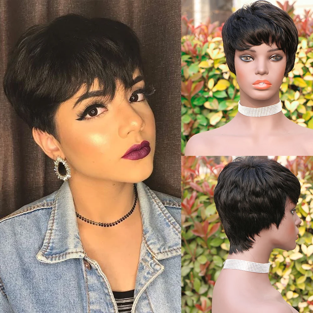 

Natural Black Human Hair Pixe Cut Bob Wigs Machine Made Short 100% Human Hair Wig for Afro Women Brizilian Daily Heat Resistant