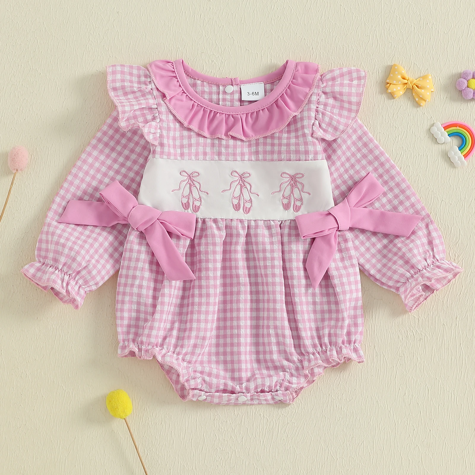 

Newborn Baby Girl Clothes Ruffle Long Sleeve Bow Toeshoe Embroidery Plaid Bubble 1Piece Romper Fall Winter Outfit
