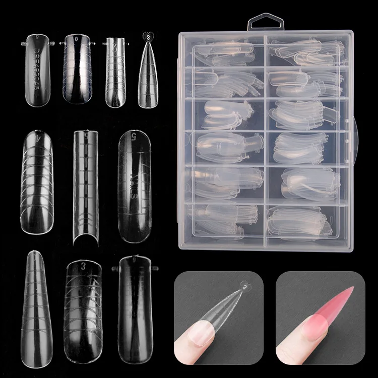 120pcs Clear Nail Tips Set Coffin Almond Slender Stiletto Fake Nails Extra Long Full Cover Extension Tool French Gel Molds