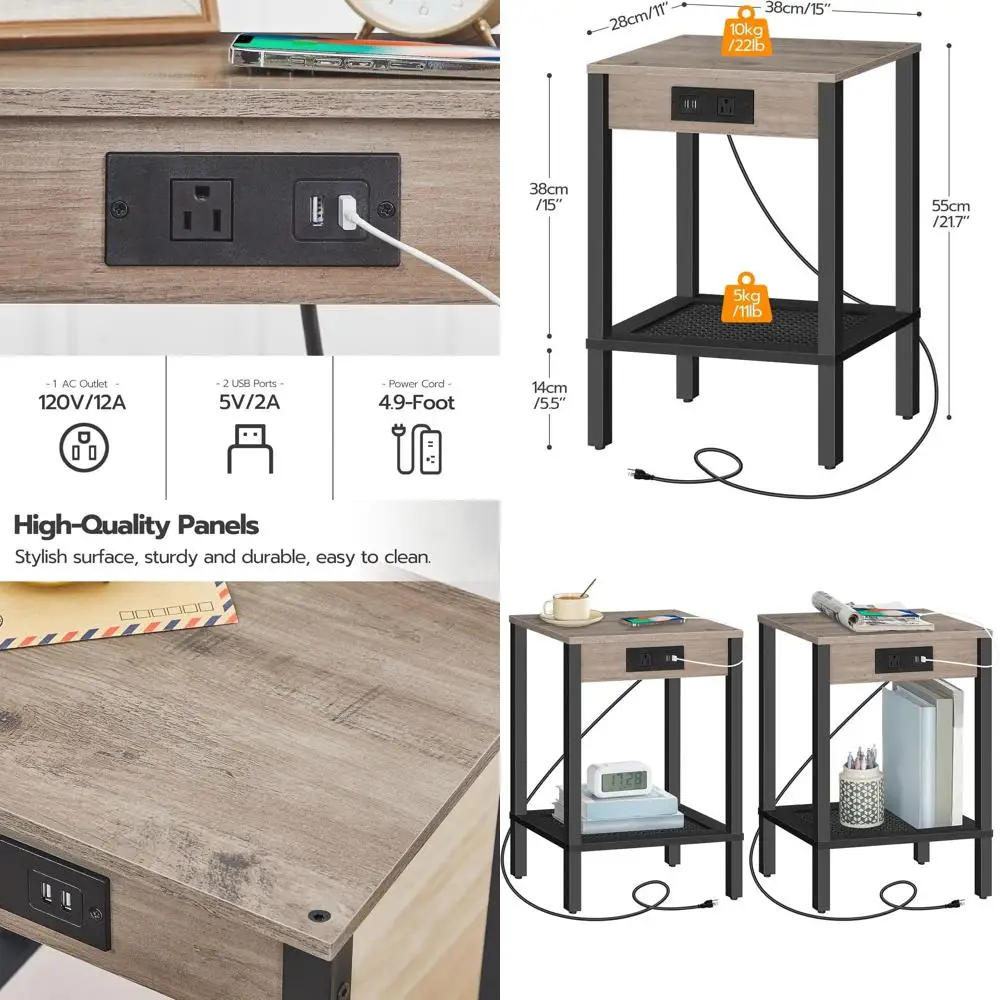 

Комплект из 2 прикроватных тумбочек с USB-портами и розетками, для хранения вещей, из искусственного ротанга, для небольших помещений, серо-бежевый и черный