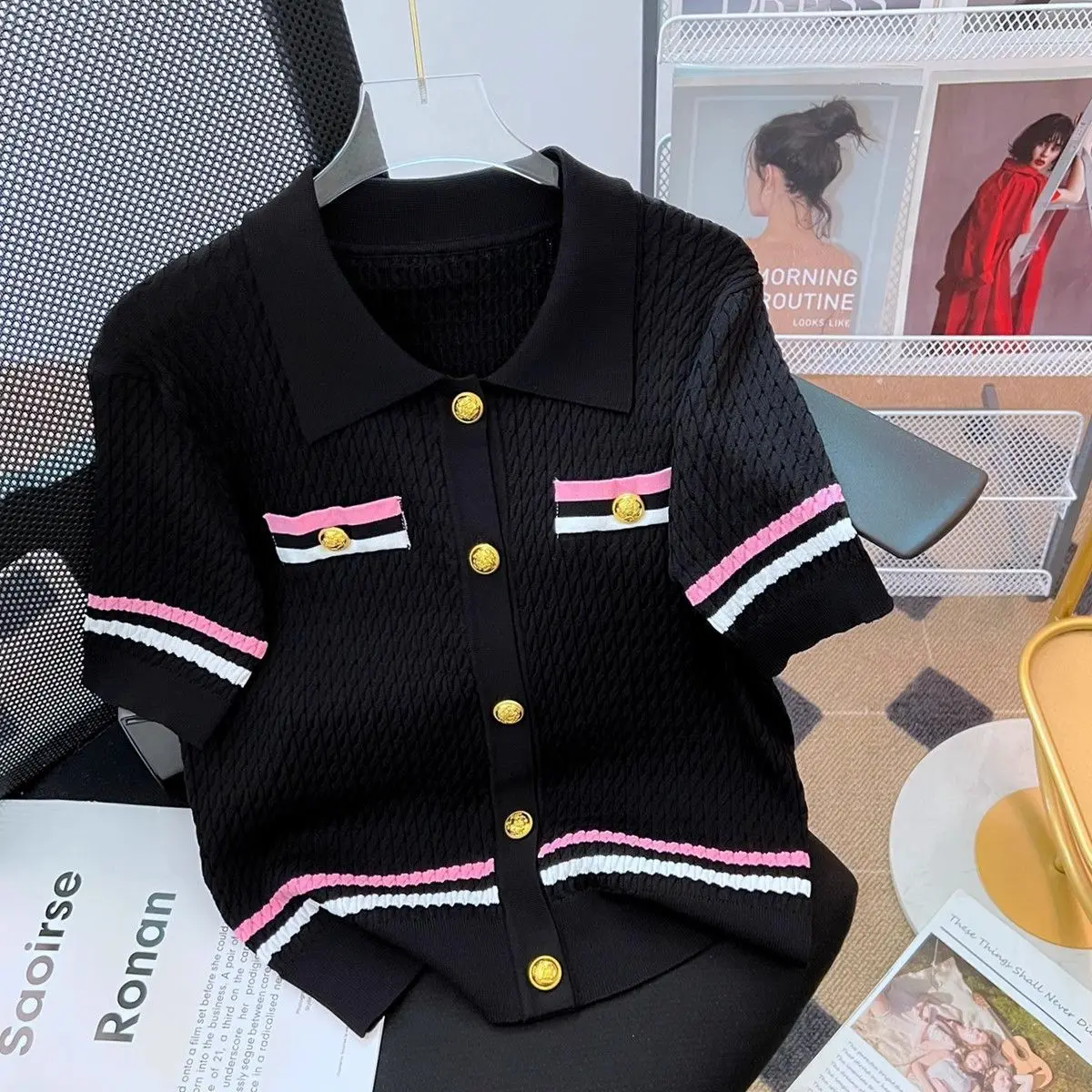 Femme 2025 New Korean Vintage Fashion Slim Buttons Knitting Top Tee Summer All-match Temperament Striped Women Clothing Sweater