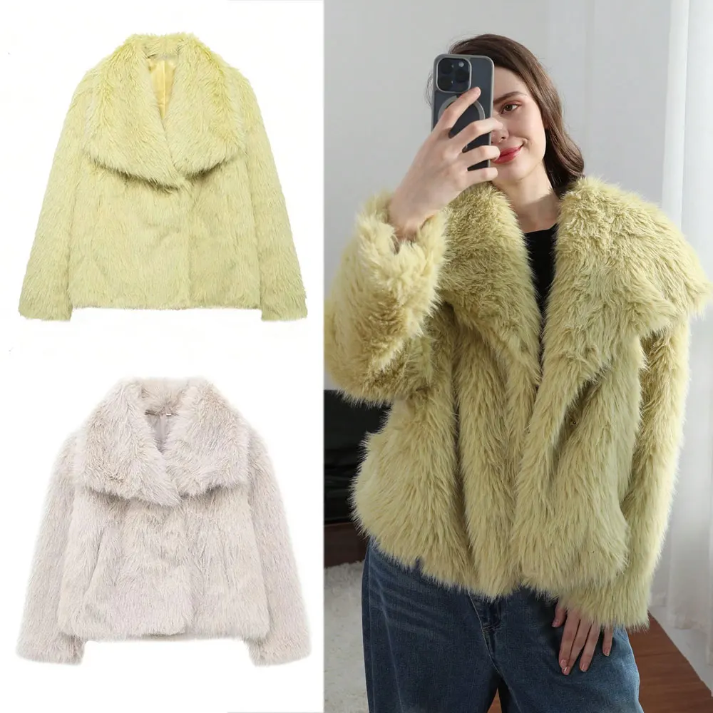 

HH куртка из искусственного меха для женщин, элегантное однотонное пальто с лацканами и длинными рукавами, повседневное женское зимнее пальто большого размера, женская шикарная уличная одежда, куртки