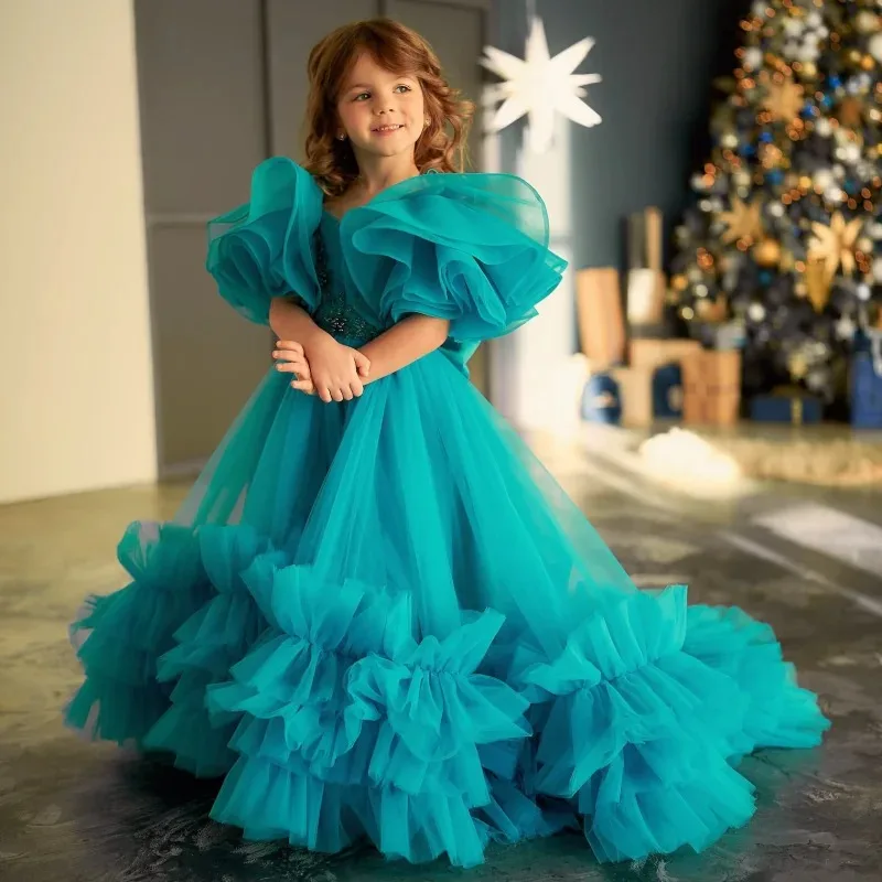 Dark Green Flower Girl Dress Pageant Gown for Wedding Ruffles Beaded Floor Length Kids Birthday Party First Holy Communion Gowns