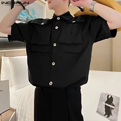 INCERUN Men Shirt Printing Lapel Short Sleeve Button Casual Men Clothing Summer Korean Streetwear 2024 Pockets Fashion Shirts