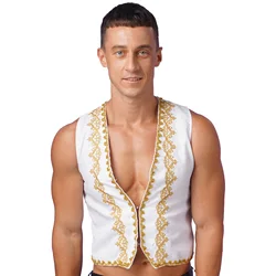 Mens Steampunk Victorian Vest Gothic Vintage Gold Trims Embroidery Medieval Sleeveless Waistcoat Jacket Vest Halloween Costumes