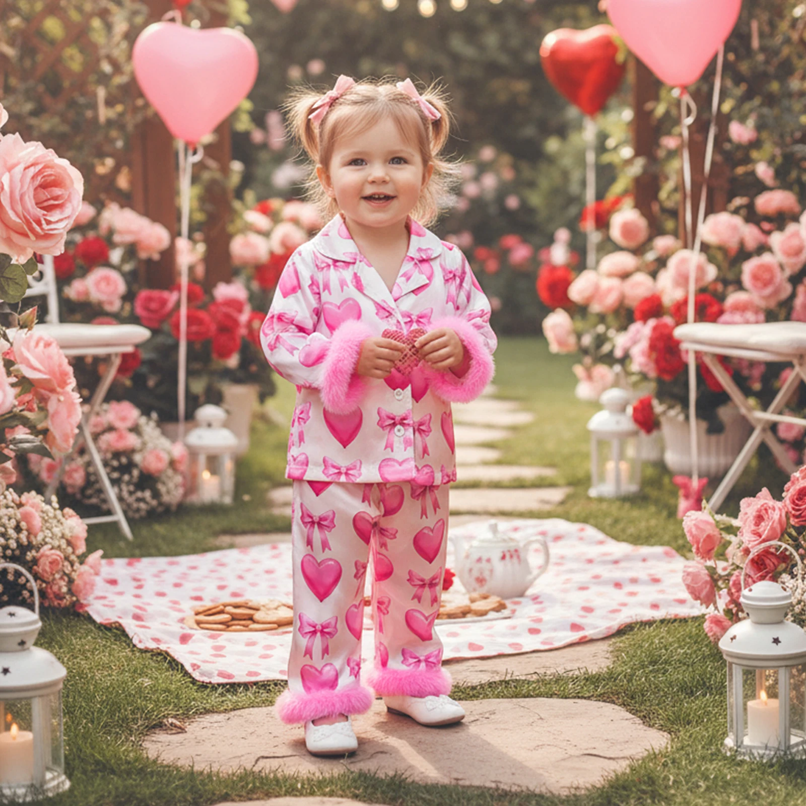 Valentine's Day Girl Satin Pajamas Set Bow Heart Print Long Sleeve Turn Down Collar Tops with Elastic Waist Pants Sleepwear