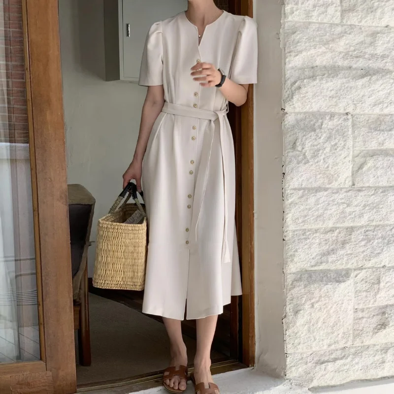 

French Elegant Simple V-neck Women Dress Single-breasted Waist Bubble Short Sleeve Korea Chic Vintage Lady Dress Summer New
