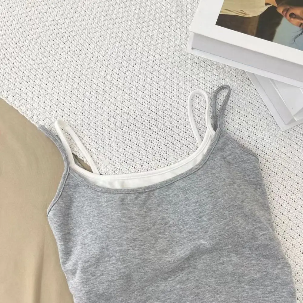 Sweet Patchwork Fake Two Pieces Camisole Vest Slim Fit Slim Crop Top Sleeveless Undershirt Sweet Girl's Tank Top Streetwear