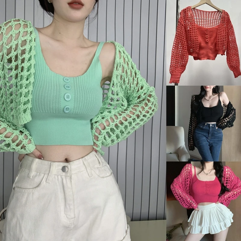 Spring Autumn Sweater for Women Hollow Out Open Front Mesh Net Cropped Cardigan Ribbed Knit Bodycon Camisole for Tank To