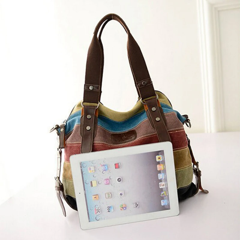 Canvas-Tragetaschen, gestreifte Damenhandtasche, Patchwork-Regenbogen-Umhängetasche, modische weibliche lässige Umhängetasche – Detail 16
