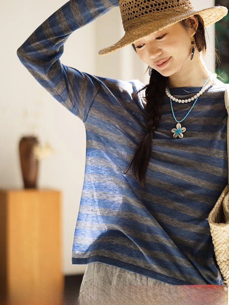 

Loose Fit Long Sve Knitted Woolen T-irt Women's Casual Sle round Ne Striped Thin Design Spring Faion Online Exclusive