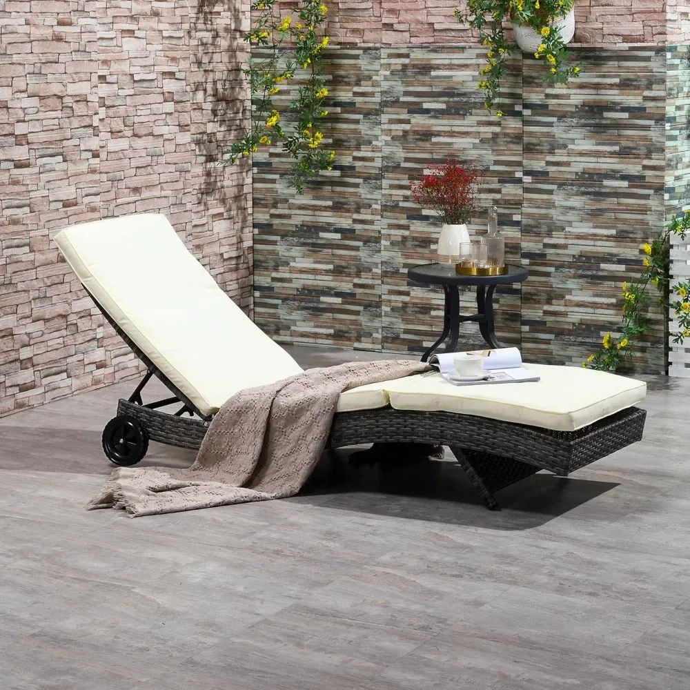 

Lounge Pool Chair, Outdoor PE Rattan Cushioned Patio Sun Lounger W/5-Level Adjustable Backrest & Wheels,Cream White Sun Loungers