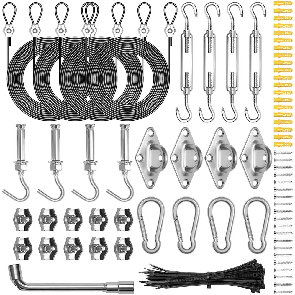 

Sun Shade Sail Hardware Kit, Heavy Duty Stainless Steel Hardware Kit with 4P 10t Nylon Coated Wire Ropes Shade Sail Installation
