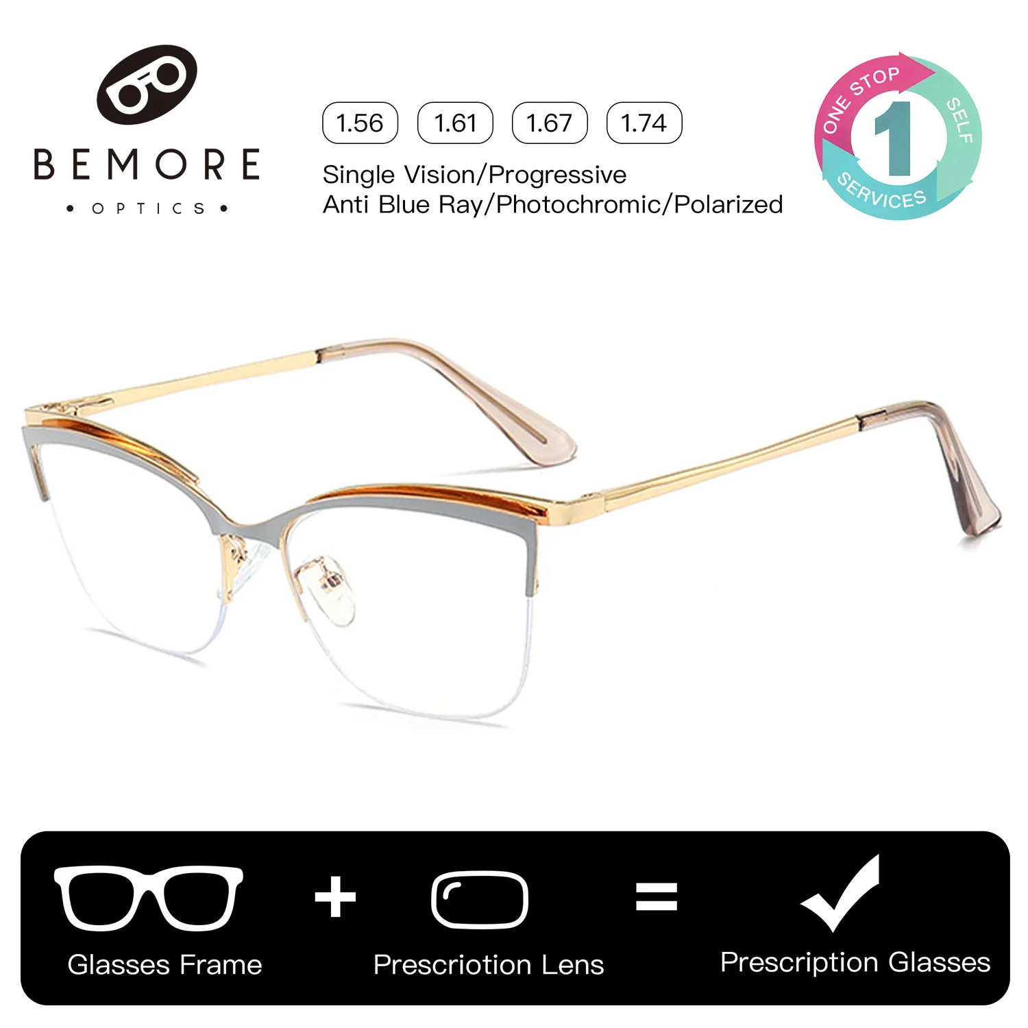 BEMORE Fashion Half-Frame Prescription Glasses Women Metal Photochromic Anti-Blue Light Reading Optical Glasses