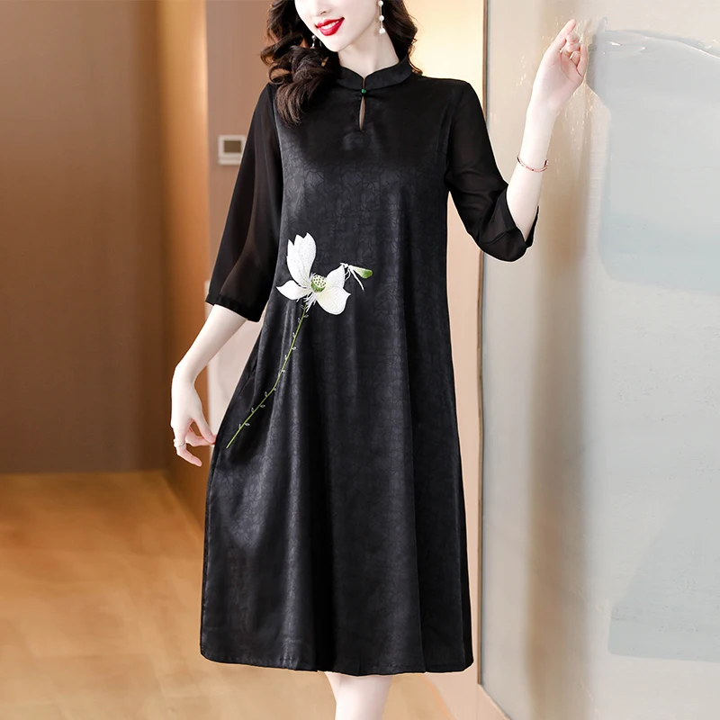 Spring/Summer 2023 New Chinese Style Black Silk Improved Qipao Skirt Embroidered Mulberry Silk Satin Loose Size Slim Long Dress