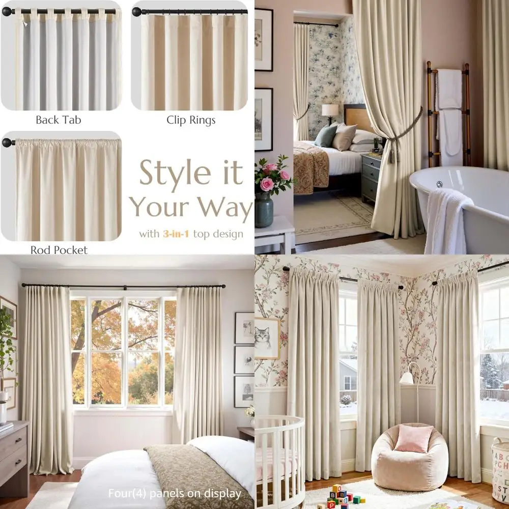 

Cream Velvet Insulated Curtains, 84 Long, 2-Panel Set, 52W x 84L, Back Tab Design for Bedrooms & Living Rooms