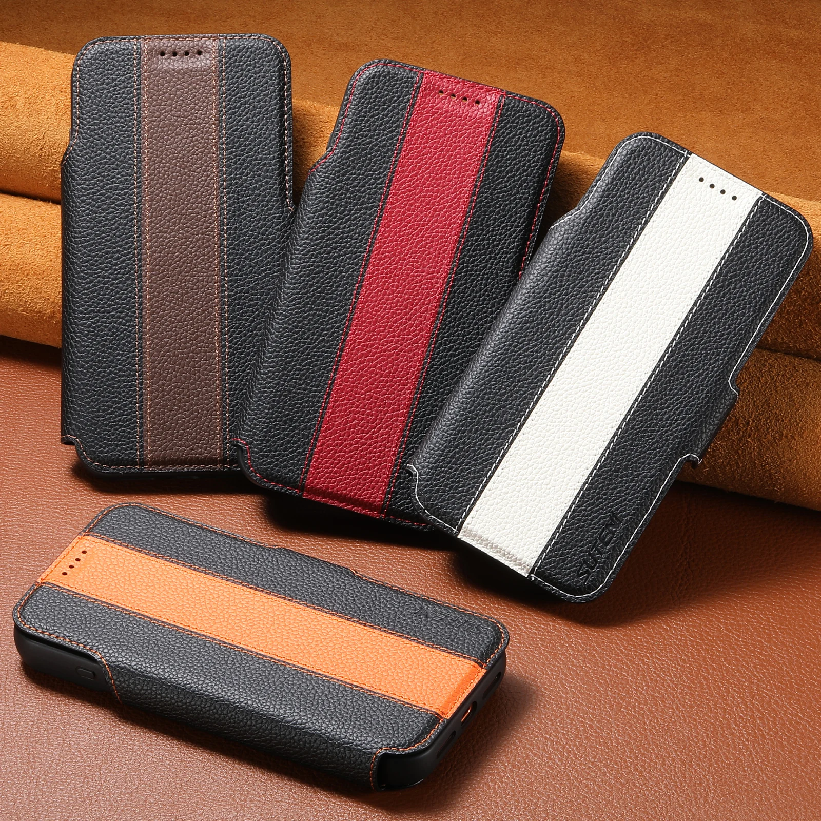 SUTENI Kunstleder Kabelloses Ladegerät Kartenhalter Ständer Brieftasche Magnetische Klapphülle Handyhülle für iPhone 18 Pro Max 17 16 15 14