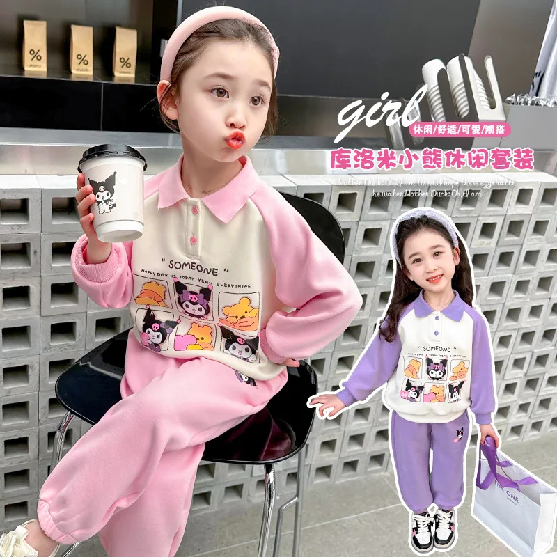 

2024 Kawaii Kuromi Autumn Clothes Sanrio Girls 2Pcs Set Sweatshirt and Sweatpants Cartoon Cute Polo Collar Tops Gift for Kids