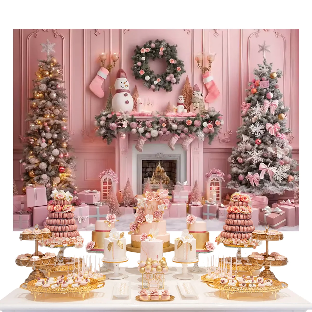 Pink Christmas theme background fireplace gift Christmas tree children family gathering portrait photography background Studio